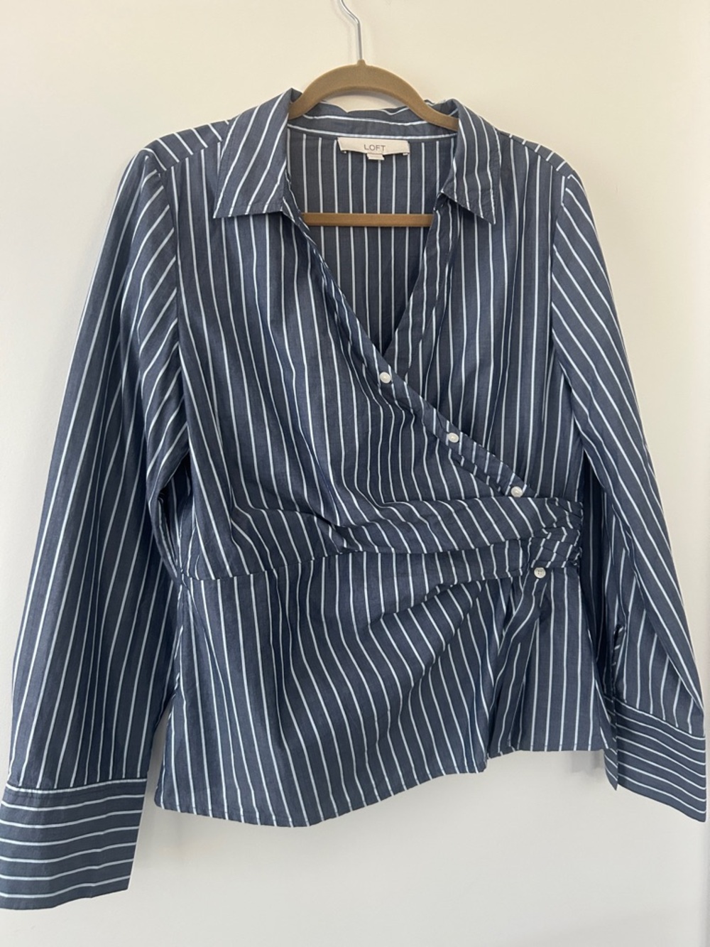 LOFT Navy and White Striped Wrap Shirt
